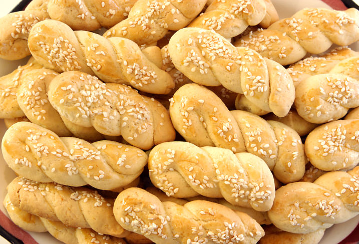 close up of traditional greek cookies with sesameseeds