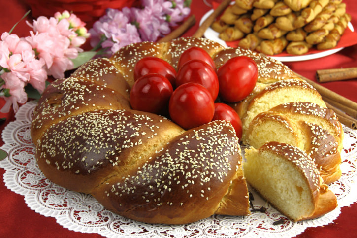 Easter sweet bread with red eggs