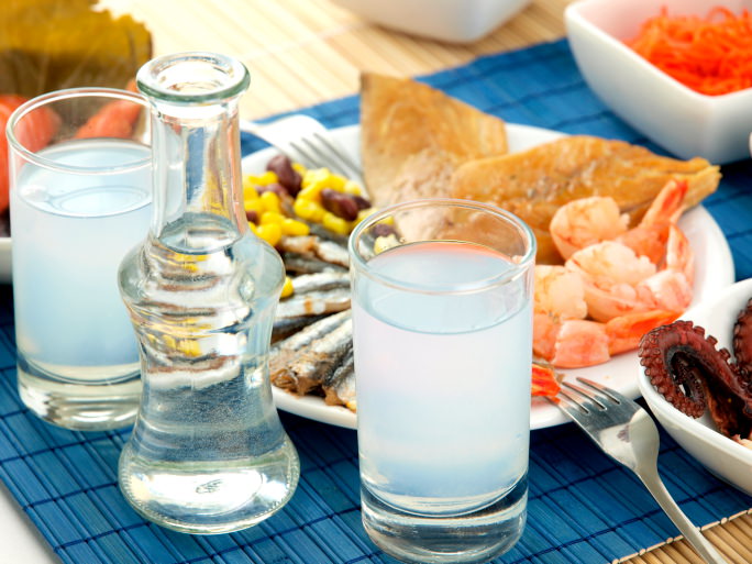 Ouzo and seafood on a table