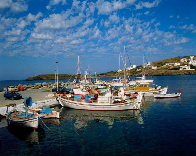 Fishing boats moored in Andros, Greece