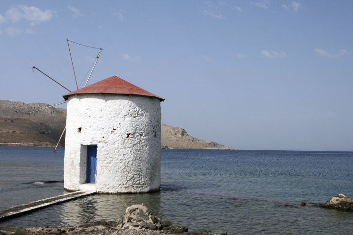 floating water mill in the sea Leros island dodecanese greece