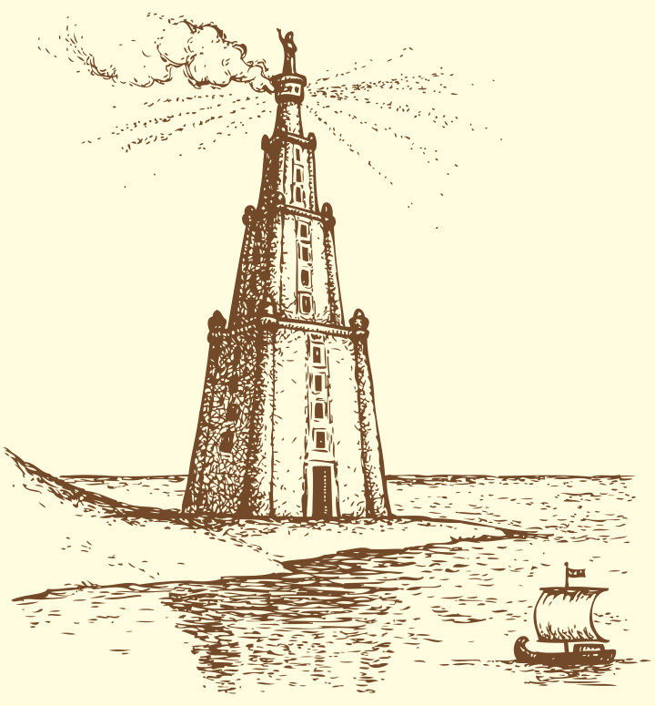 Illustration of a series of vector drawings for the Seven Wonders of the Ancient World. Lighthouse of Alexandria, also known as Pharos of Alexandria