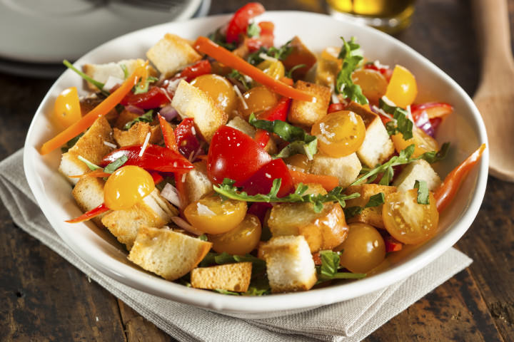 Traditional Healthy Panzanella Salad with Bread Crumbs and Veggies