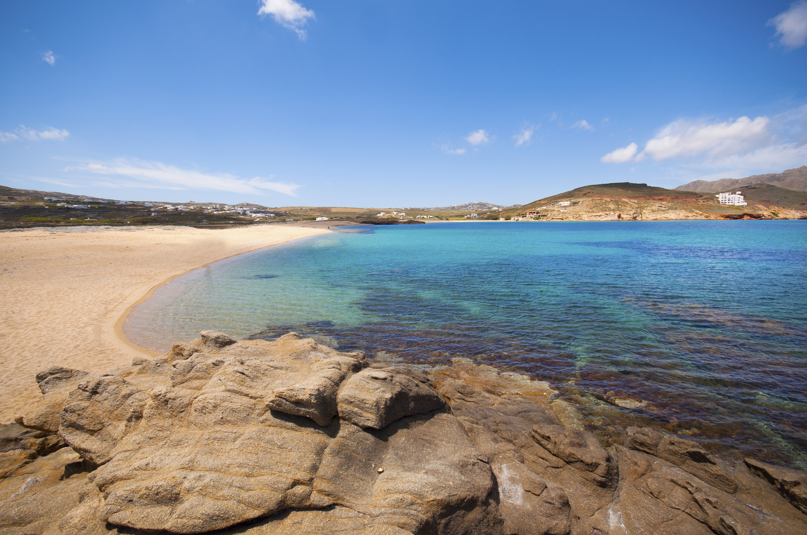 View of Ftelia beach in Mykonos city, Greece