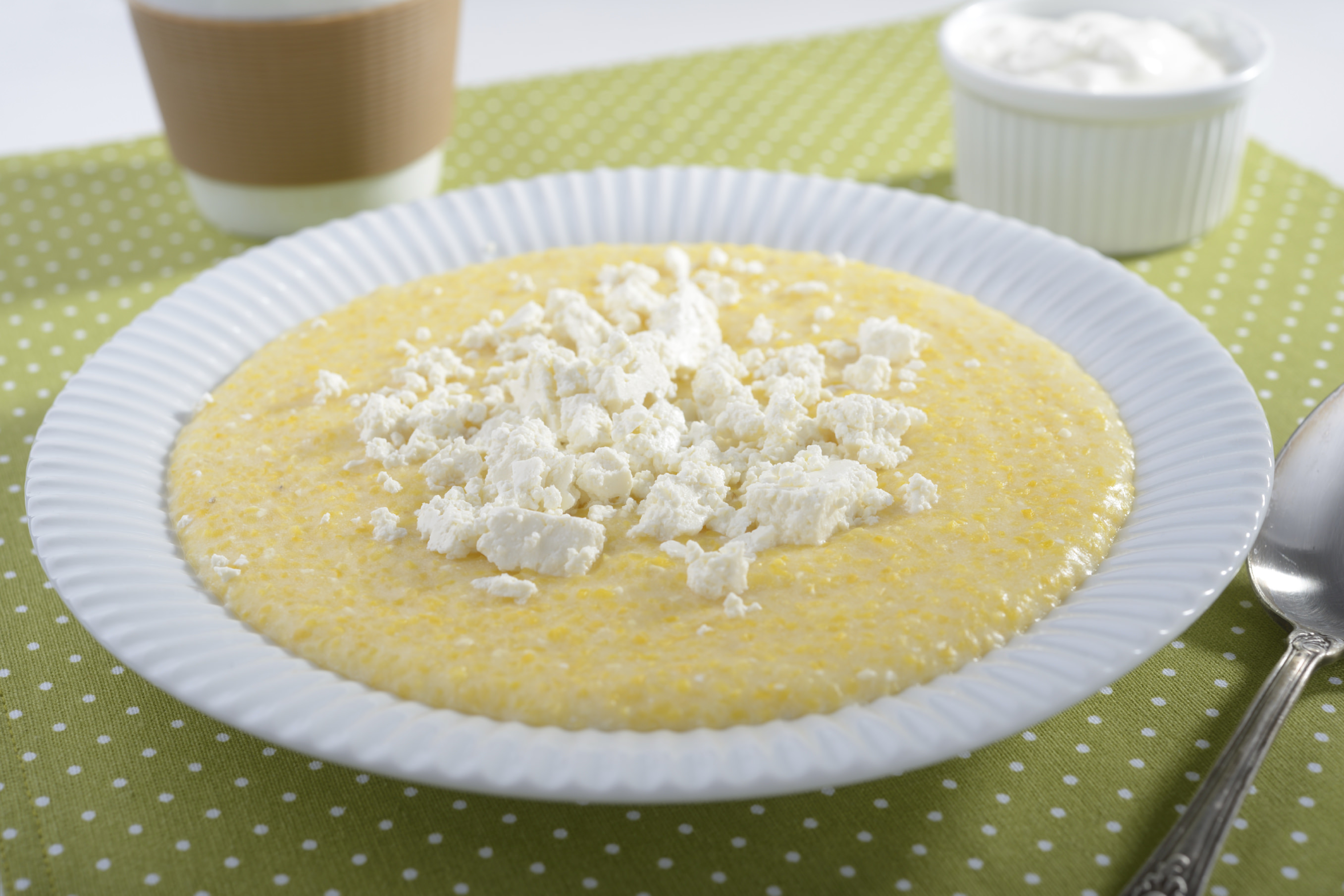 Polenta with feta cheese and greek yogurt