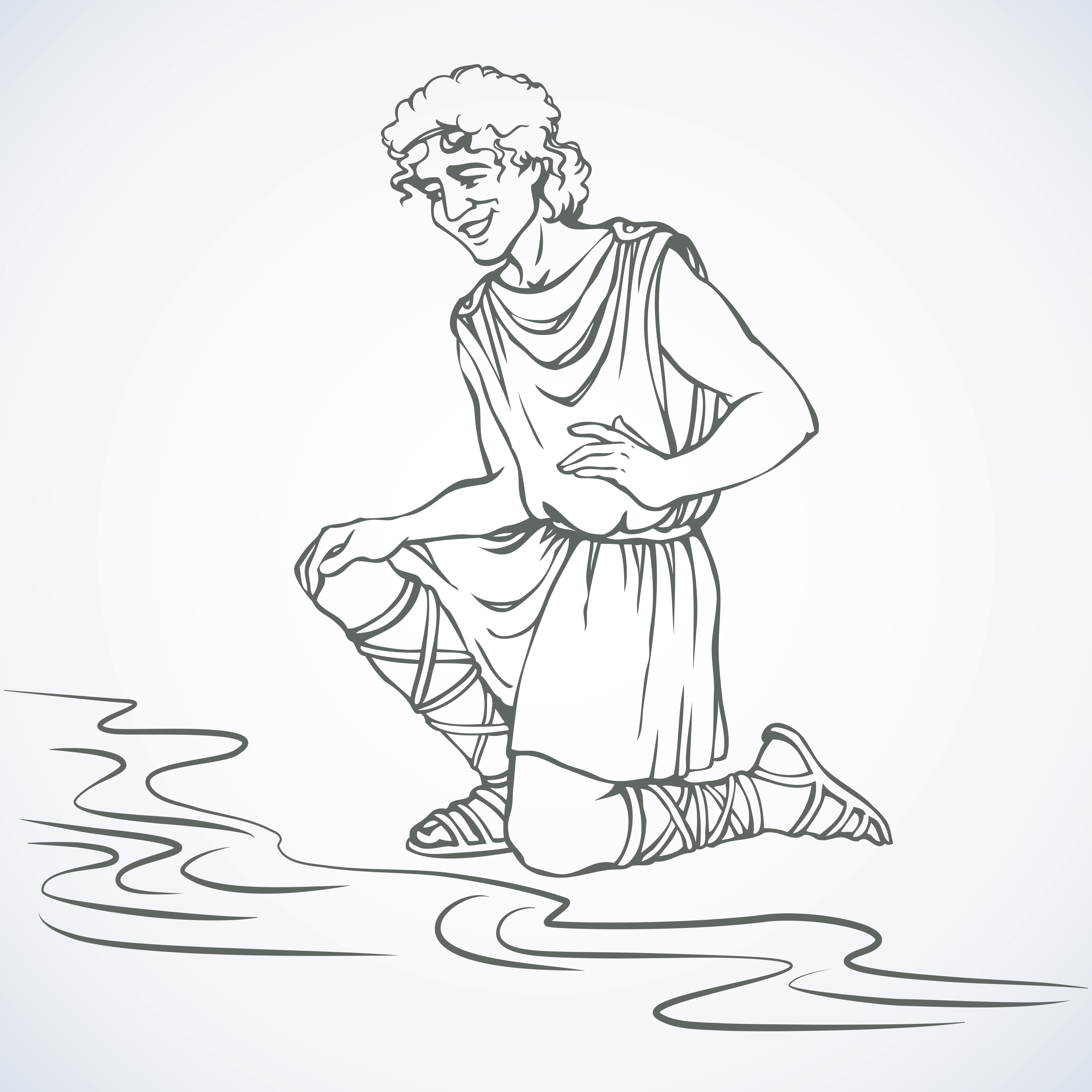 Hero Narkissos was a son of river god and nymph. He was proud, he disdained those who loved him. Vector outline freehand ink drawn background sketch in art antiquity picture style with space for text